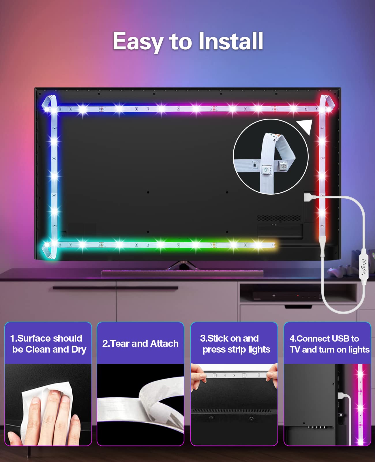 Daymeet RGBIC LED Backlight Strip, 13.1ft for 45-60inch TV/Monitor, USB Powered, Music Sync, Bluetooth App and Remote Control