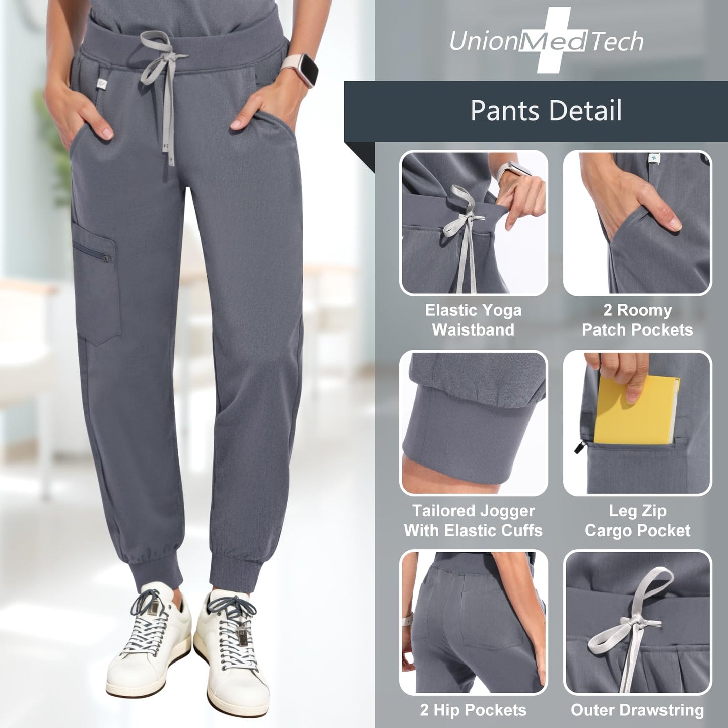 UnionMed Tech Scrubs for Women Set, Stretchy Slim Fit V-Neck Top & Jogger Scrub Pants with Multi Pocket Yoga Waistband