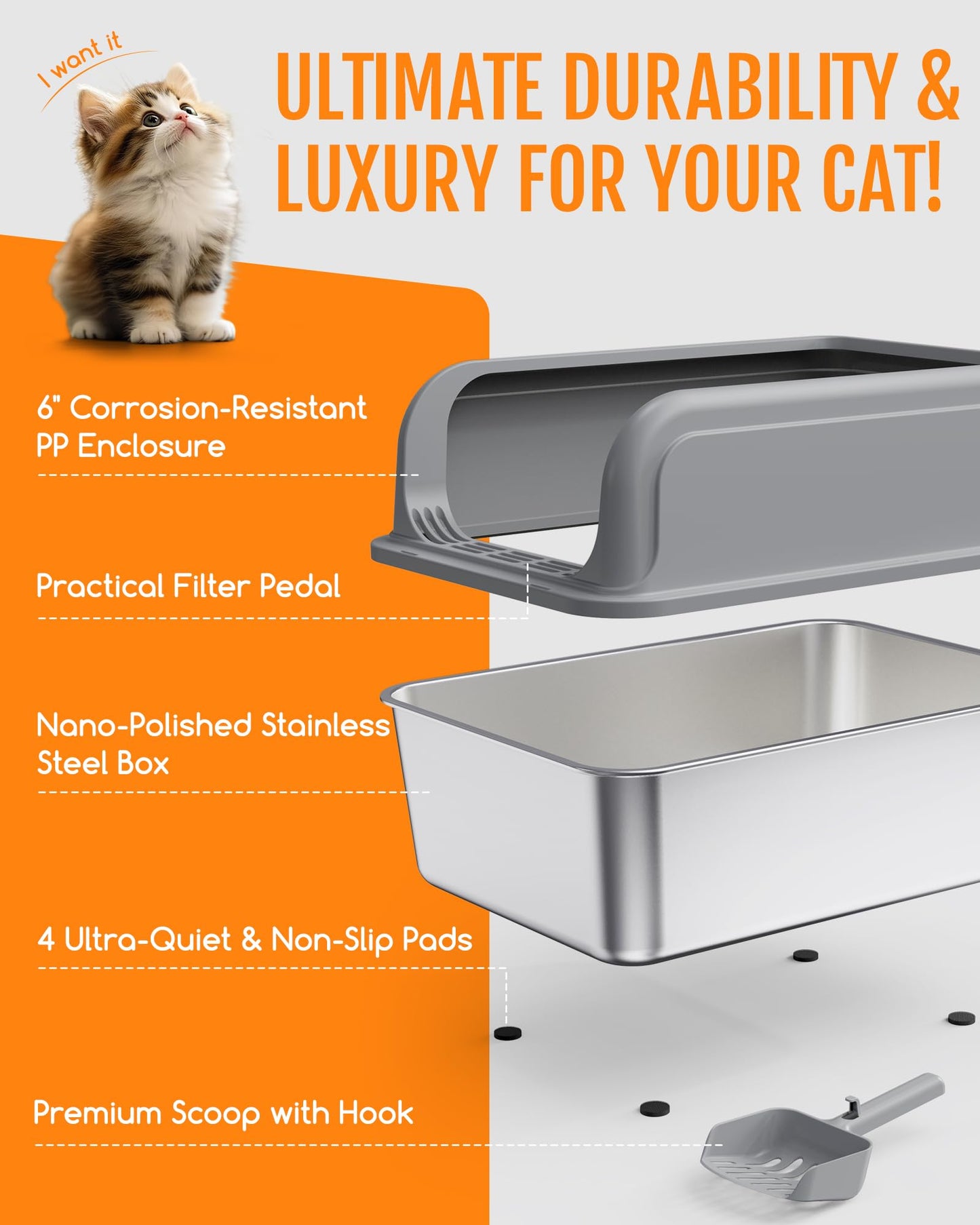 Powools Stainless Steel Cat Litter Box for Kittens, Metal Kitty Litter Box with Scoop, Anti-Leakage Top Entry, Non-Sticky, Easy to Clean, Grey, M (1 Pack)