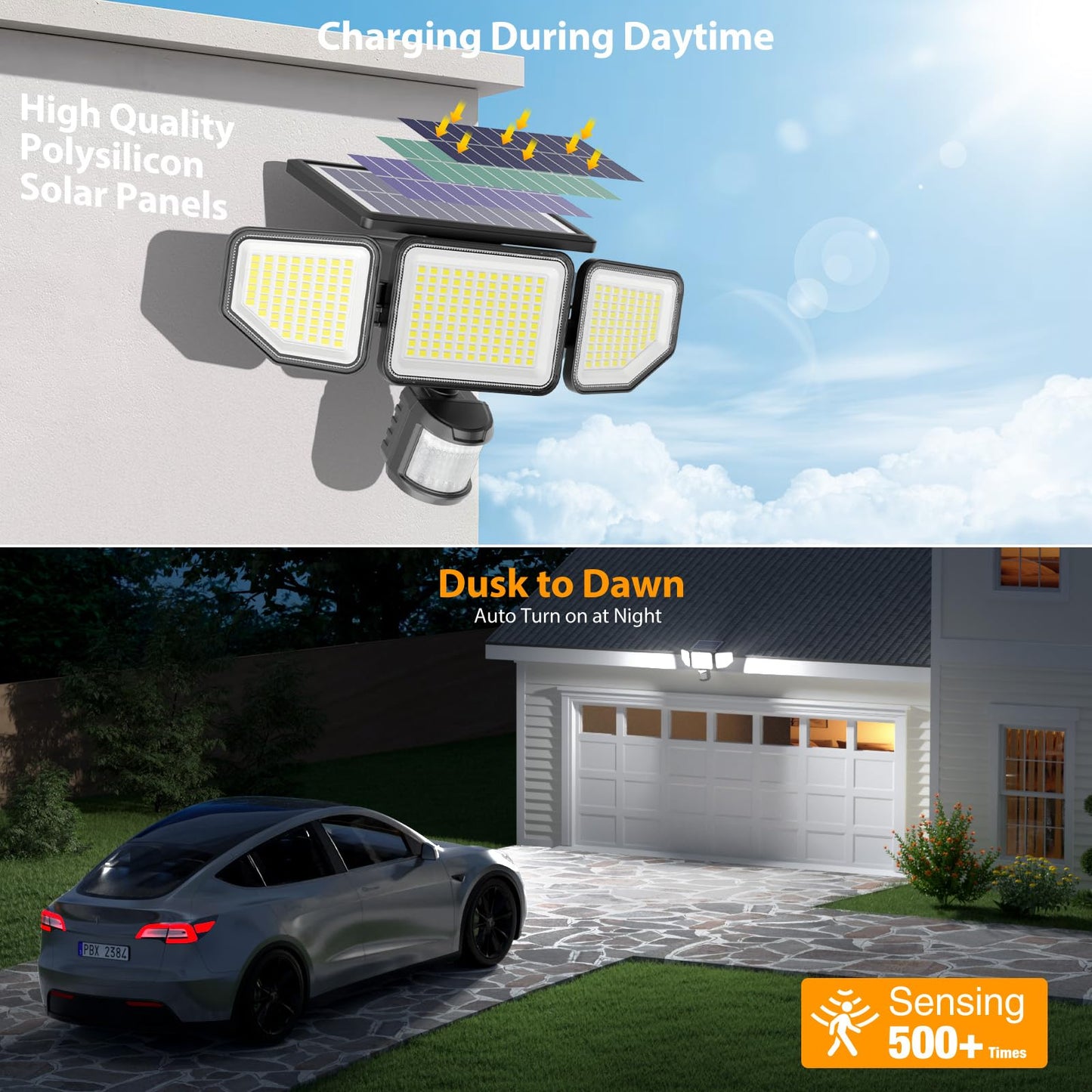 Onforu 4500LM Solar Lights Outdoor, 3 Heads Security Lights with Remote Control, IP65 Waterproof Motion Sensor Lights, 3 Modes Flood Lights for Wall, Porch, Yard, Outside (2, Black)