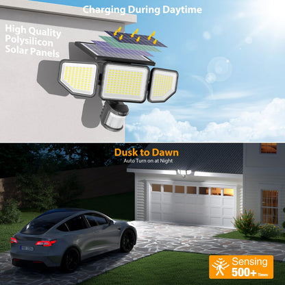 Onforu 4500LM Solar Lights Outdoor, 3 Heads Security Lights with Remote Control, IP65 Waterproof Motion Sensor Lights, 3 Modes Flood Lights for Wall, Porch, Yard, Outside (2, Black)