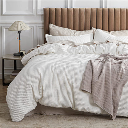 Bedsure PureWoven 3 Pieces 100% Cotton Waffle Duvet Cover Set, Queen, White
