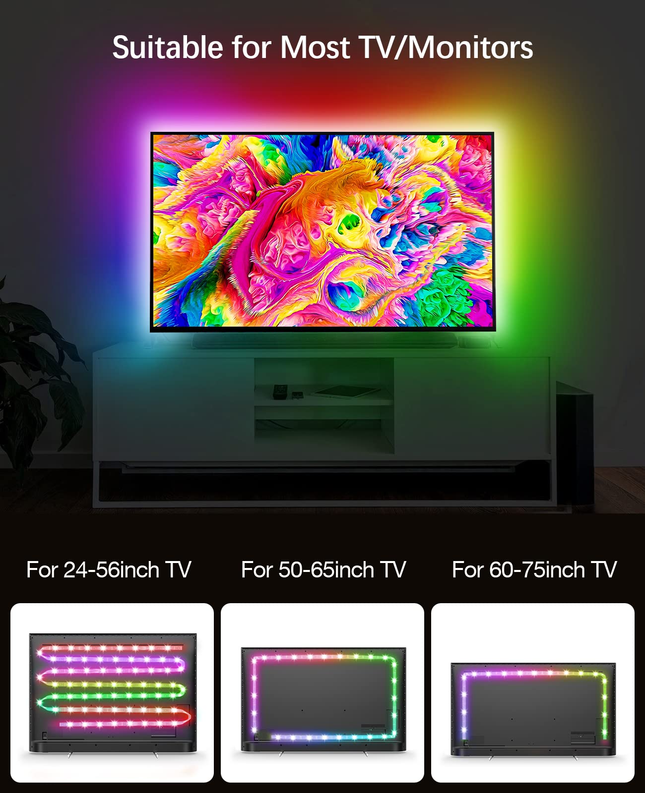 Daymeet RGBIC LED Backlight Strip, 13.1ft for 45-60inch TV/Monitor, USB Powered, Music Sync, Bluetooth App and Remote Control