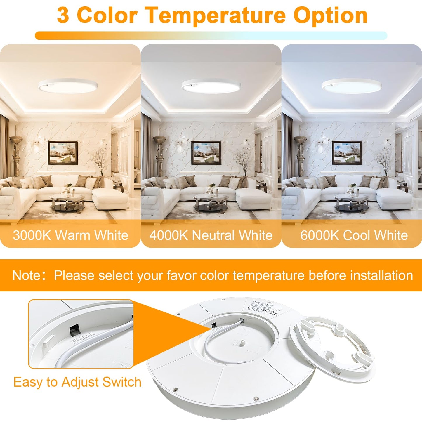2 Pack LED Flush Mount Ceiling Light, Eleganted 20W 2200LM Ceiling Light Fixtures, 3000K-6500K Adjustable Motion Sensor Ceiling Light for Bedroom Kitchen Dining Room - 3 Color Temperatures