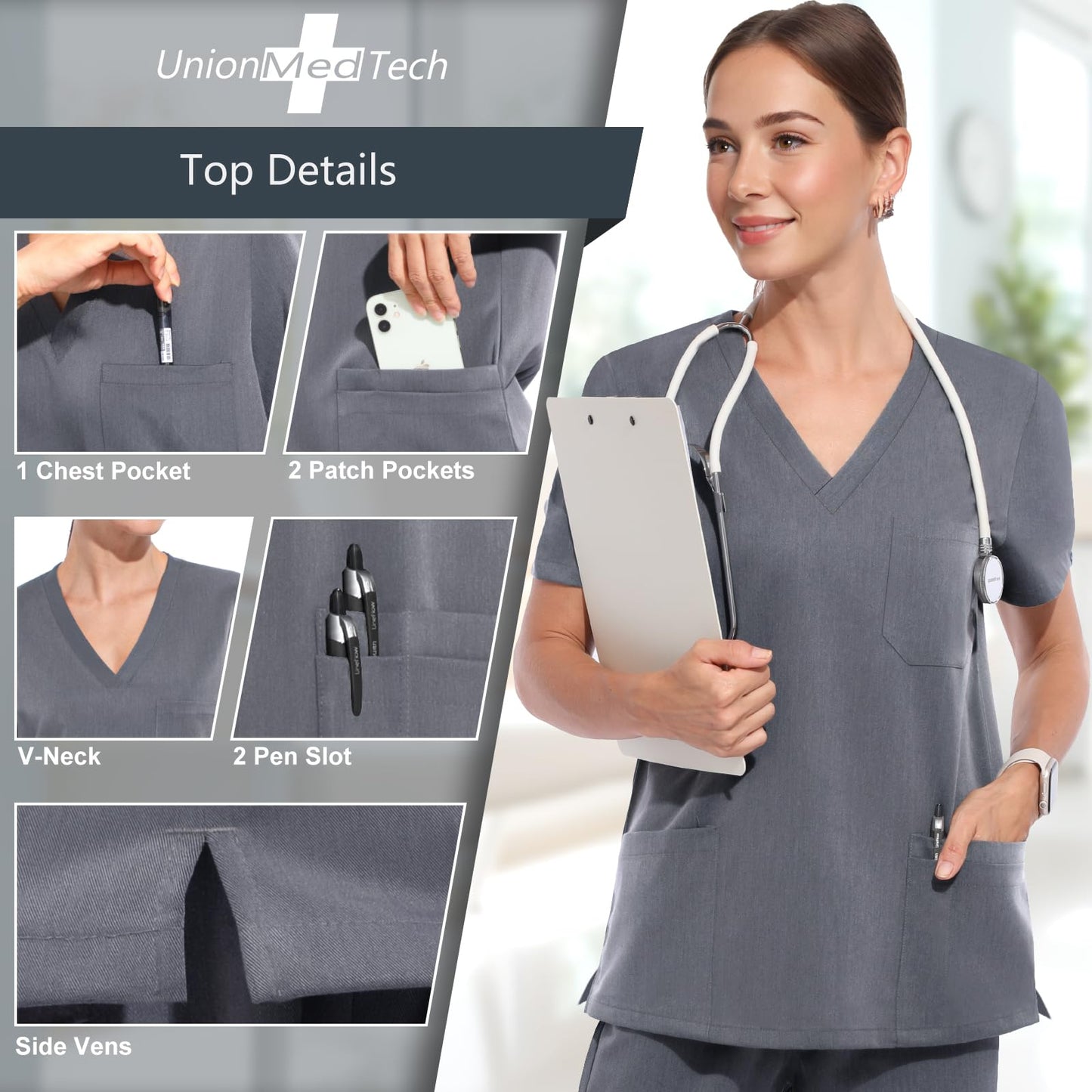 UnionMed Tech Scrubs for Women Set, Stretchy Slim Fit V-Neck Top & Jogger Scrub Pants with Multi Pocket Yoga Waistband