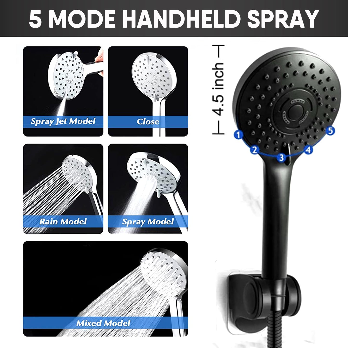 10 Inch GIFTQOOL Matte Black Rainfall Handheld Shower Head Combo Set High Pressure Dual 5 Modes Shower Head with Adjustable Rain Extension Arm, Hose, Holder Pomme De Douche
