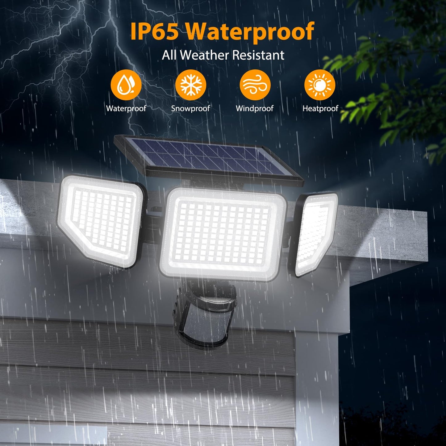 Onforu 4500LM Solar Lights Outdoor, 3 Heads Security Lights with Remote Control, IP65 Waterproof Motion Sensor Lights, 3 Modes Flood Lights for Wall, Porch, Yard, Outside (2, Black)