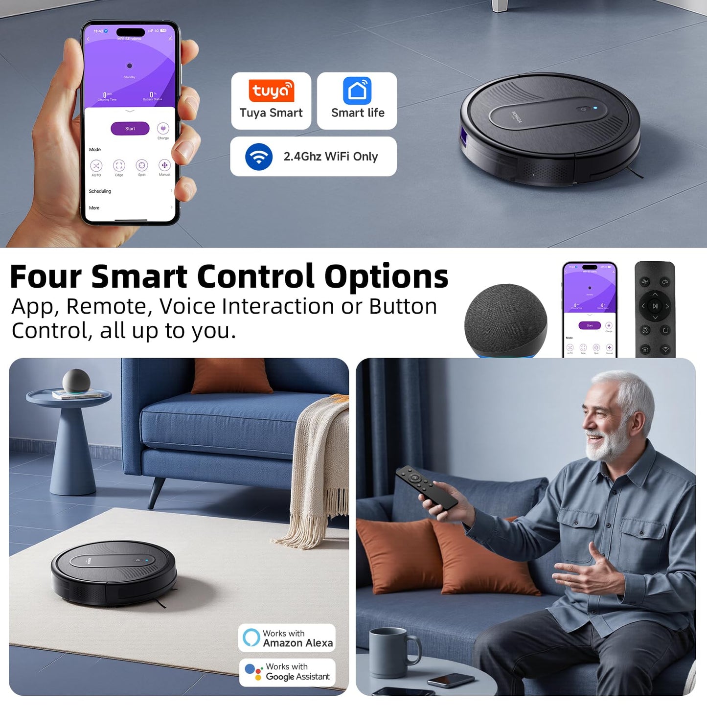 MONSGA Robot Vacuums and mop, 4000Pa Powerful Suction with Self-Charging, 140Mins Runtime, RemoteApp/Voice Control, Ideal for Pet Hair, Hard Floor, Low Pile Carpet (Black)