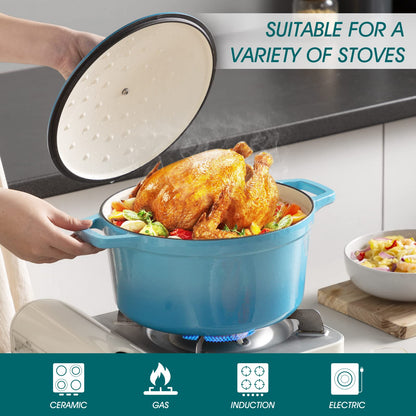 vancasso Enameled Cast Iron Dutch Oven, 6 QT Oven Pot with Lid, Round Enamel for Bread Baking, Non Stick Coating, Pot's Body Iron, Good Sealing, All Heat Source, Blue