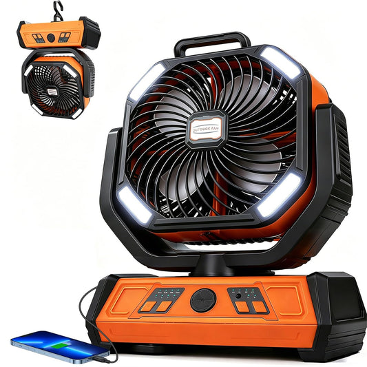 VolyCyrenic Camping Portable Fan, 16000mAh Rechargeable Battery Powered Fans with LED Light for Tent, Auto Oscillation Desk Fans with Remote & Hook & Timer, Orange