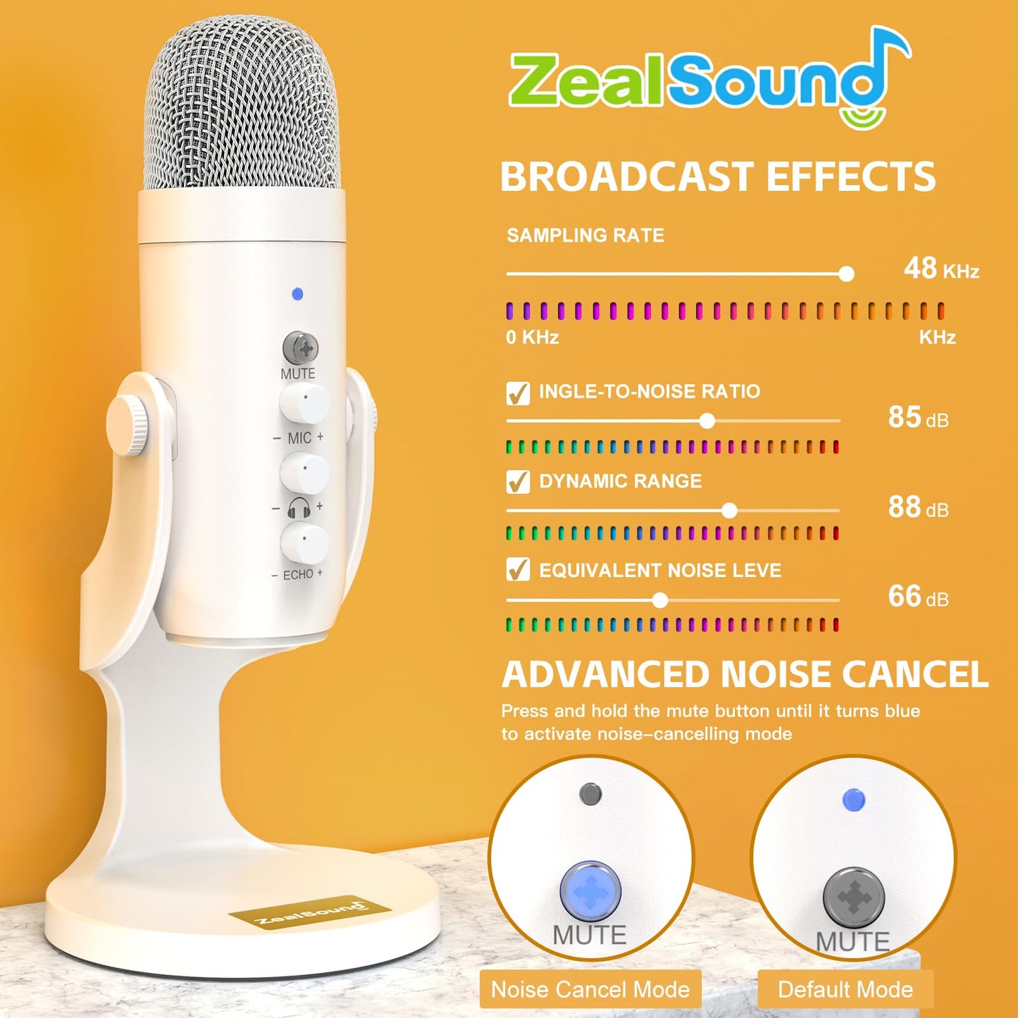 ZealSound Podcast Microphone, Noise Cancellation Mic with Gain, Volume Adjustment & Mute Button, Monitor & Echo, for ASMR, Vocal Recording, YouTube, TikTok, PC, iPhone, iPad, Android, Mac, K66, White