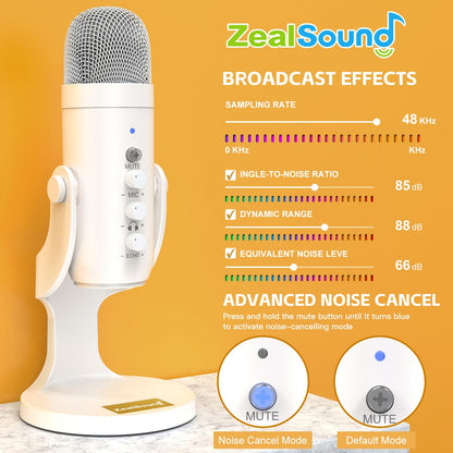 ZealSound Podcast Microphone, Noise Cancellation Mic with Gain, Volume Adjustment & Mute Button, Monitor & Echo, for ASMR, Vocal Recording, YouTube, TikTok, PC, iPhone, iPad, Android, Mac, K66, White