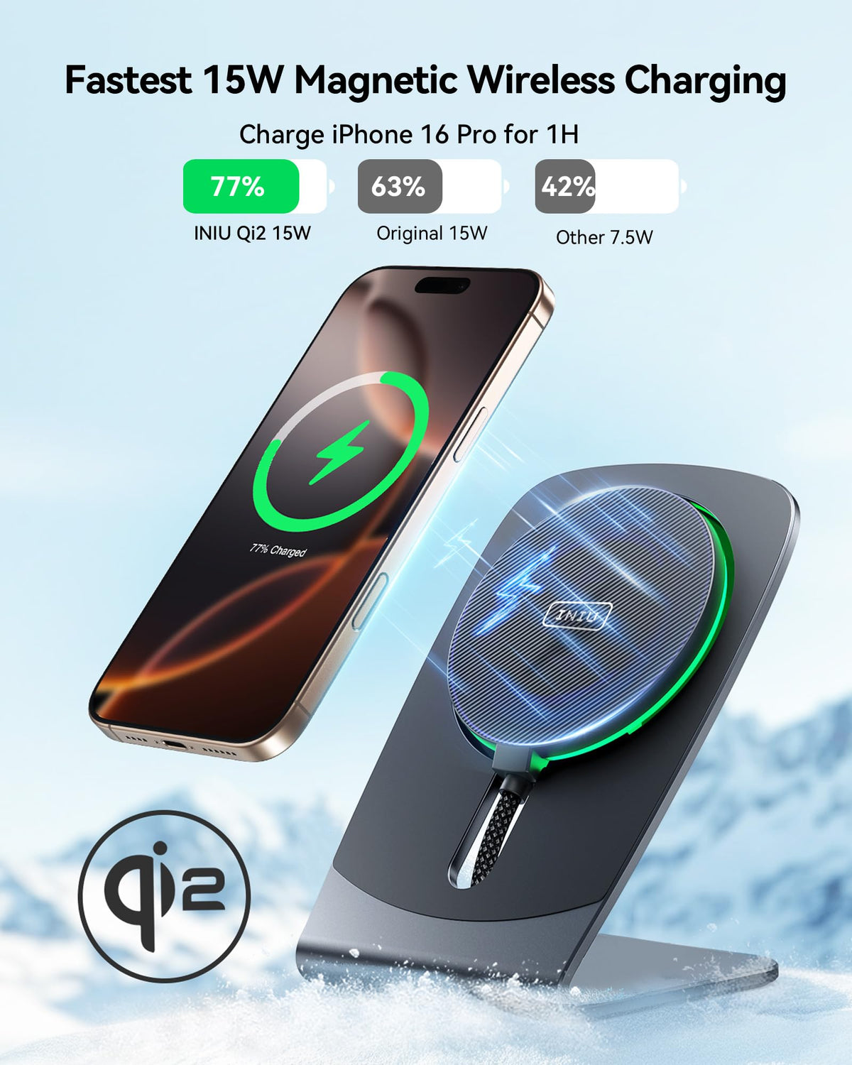 INIU 2-in-1 Detachable Wireless Charger Stand, QI2 15W Fast Charging Pad