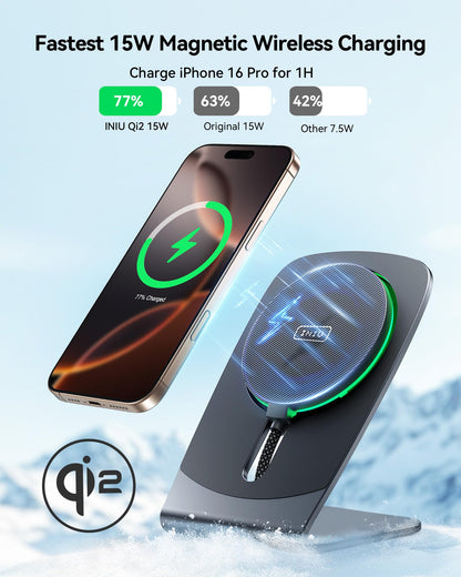 INIU 2-in-1 Detachable Wireless Charger Stand, QI2 15W Fast Charging Pad