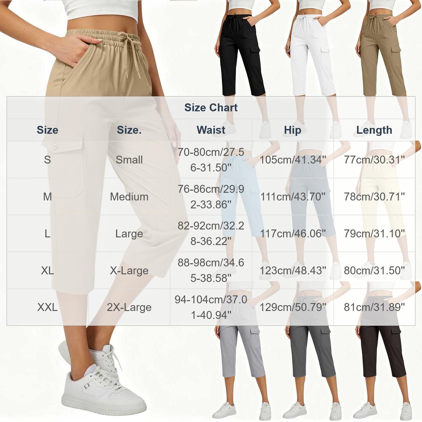 Capri Pants for Women High Waist Cargo Capri Pant Elastic Drawstring Cropped Work Pants with Pockets Summer Casual Trousers Khaki XL X-Large