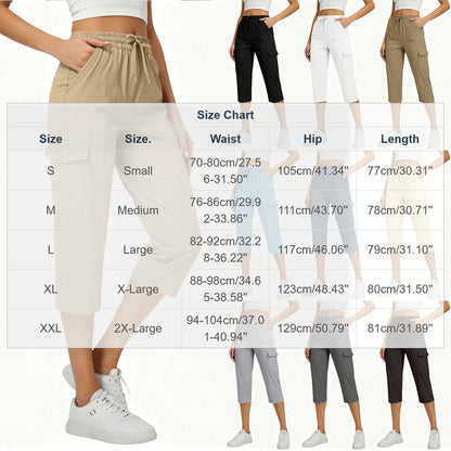 Capri Pants for Women High Waist Cargo Capri Pant Elastic Drawstring Cropped Work Pants with Pockets Summer Casual Trousers Khaki XL X-Large