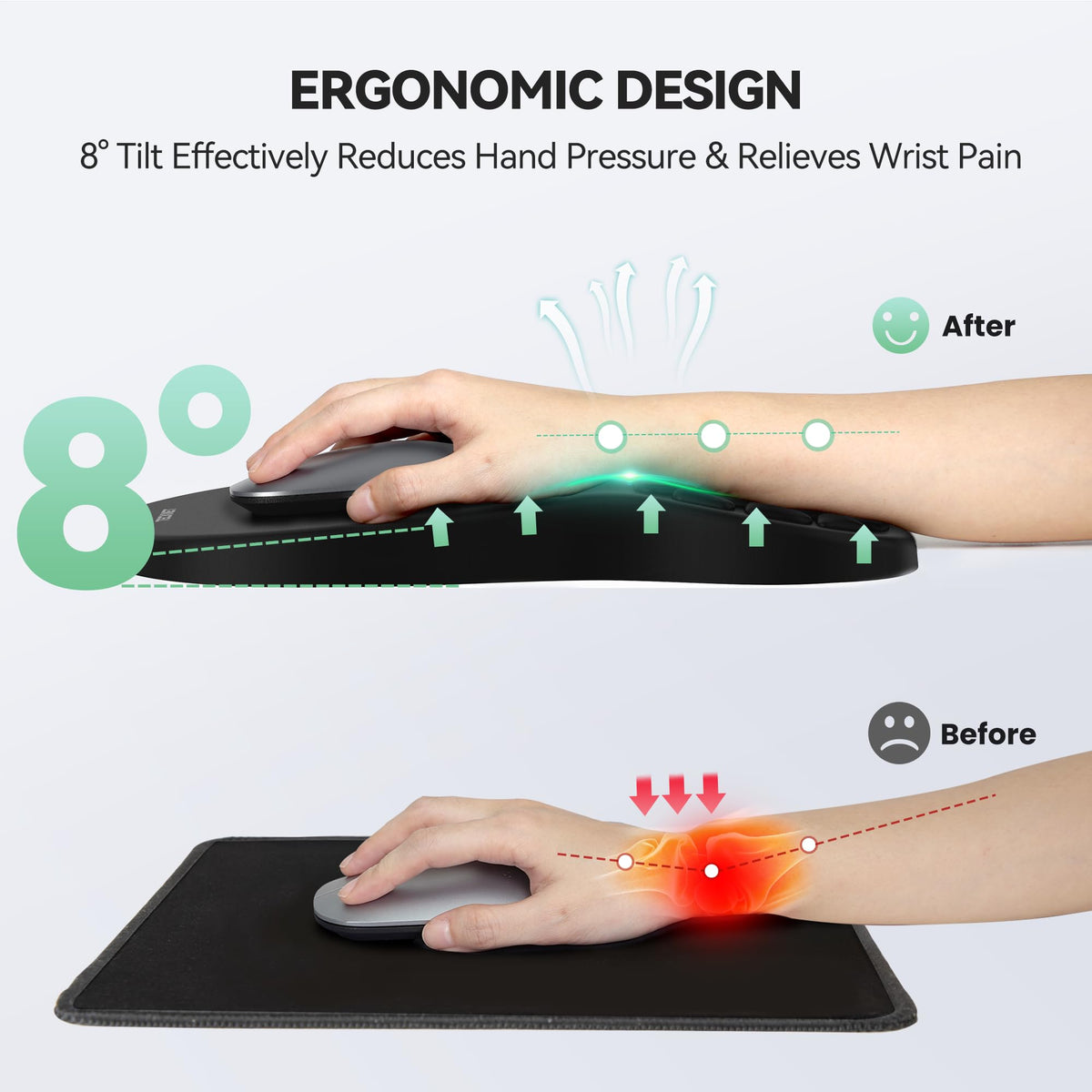 TECKNET 8° Ergonomic Mouse Pad with Wrist Rest, Comfortable Massage Design