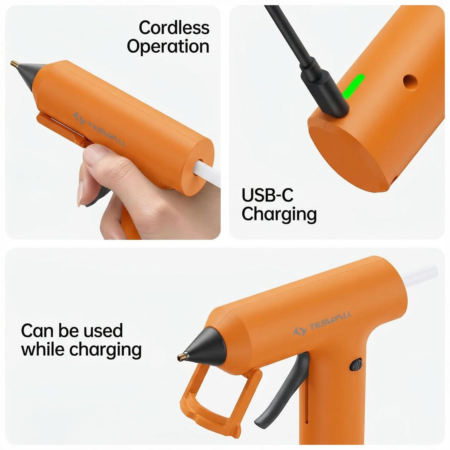 Tilswall Cordless Hot Glue Gun, Fast Preheating with 2000mAh Built-in Battery Hot Melt Glue Gun, 20 Premium Glue Sticks, Mini Glue Gun Ideal for Crafts, DIY Gift, Repairs Dark DarkOrange