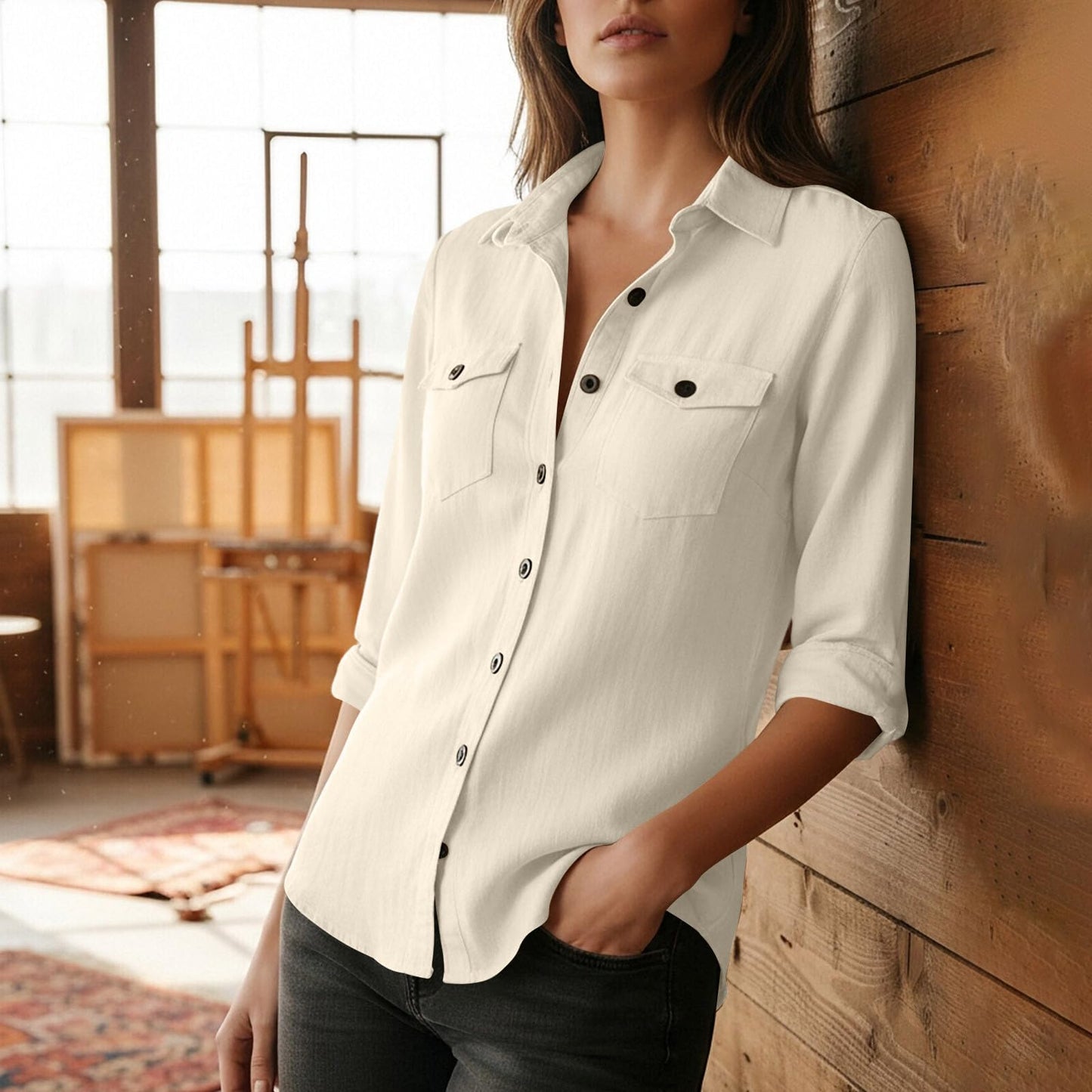Linen Shirt Women Summer Button Down Cargo Shirts Dressy Roll Up Long Sleeve Blouse with Pockets Casual Textured Top Tunic Tops for Women Beige Medium