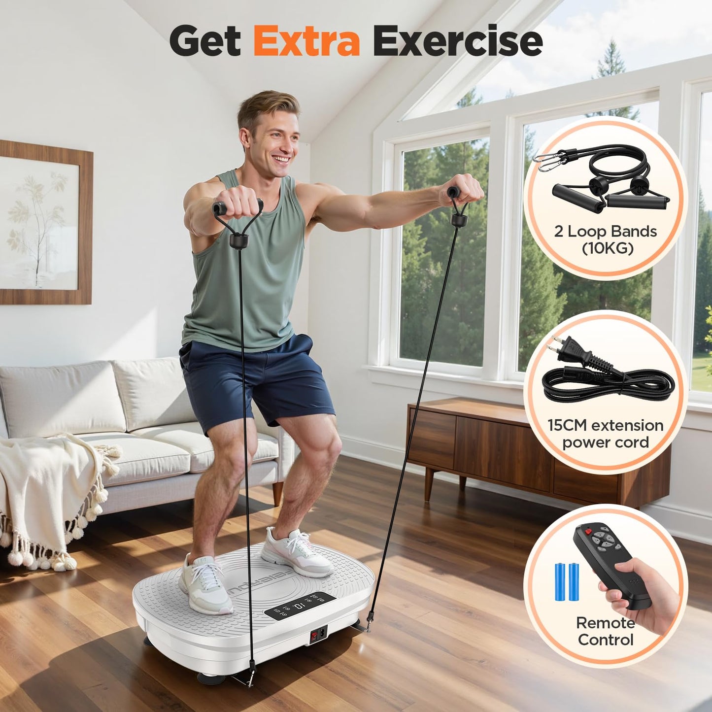FEIERDUN Vibration Plate Exercise Machine, Full Body Vibrating Plate with Wider Platform, 150kg (330lbs) Capacity, Plaque Vibrante with LED Screen, Remote & Resistance Bands,White