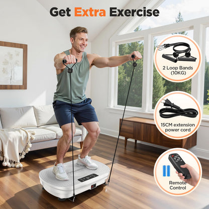 FEIERDUN Vibration Plate Exercise Machine, Full Body Vibrating Plate with Wider Platform, 150kg (330lbs) Capacity, Plaque Vibrante with LED Screen, Remote & Resistance Bands,White