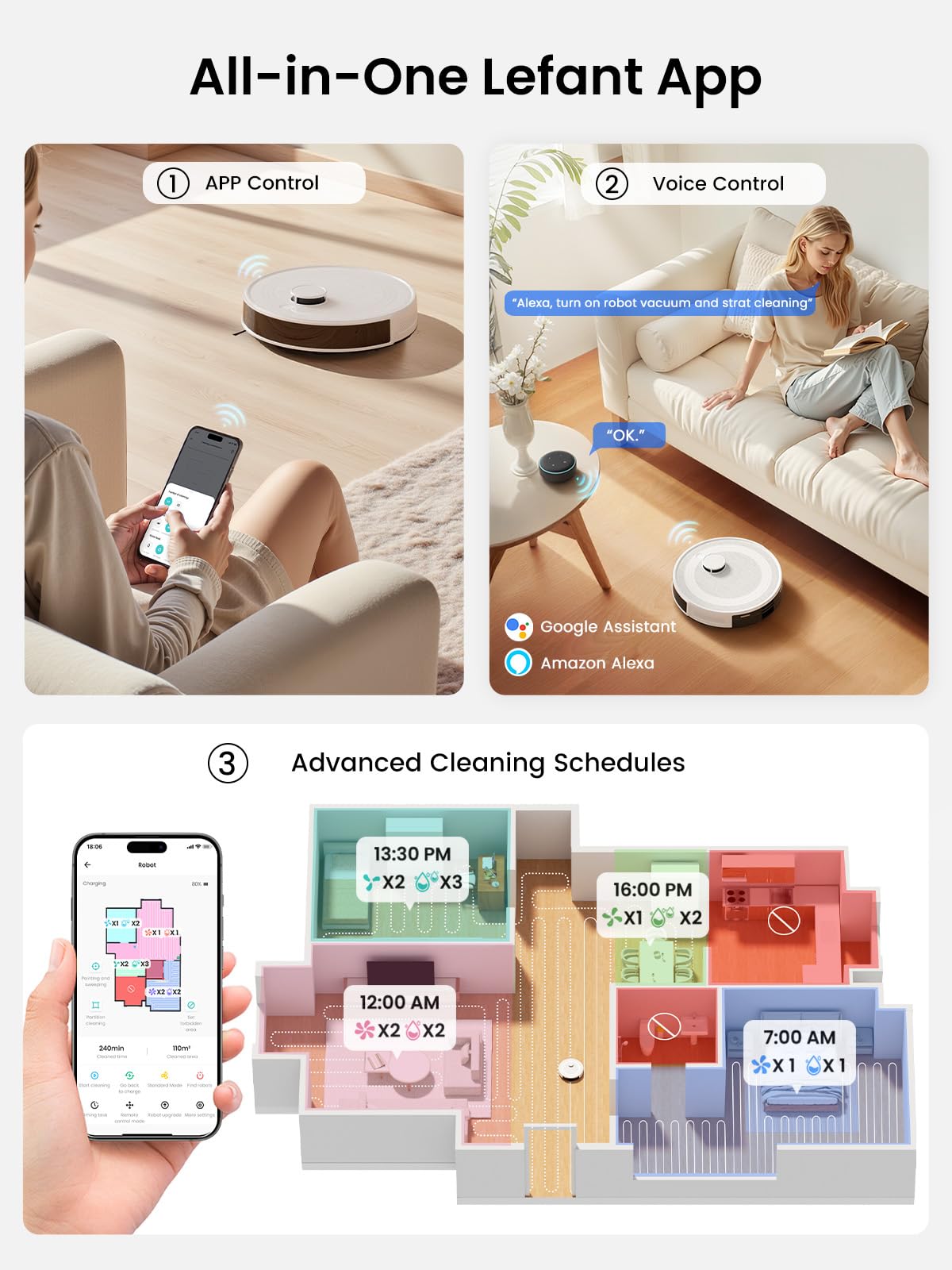 Lefant Robot Vacuum and Mop,Self-Emptying, 40-Day Capacity, Multi-Floor Mapping, 2.4 & 5G Wi-Fi,Schedule Daily Cleaning,Perfect for Hard Floors, Carpets and Pet Hair,Support APP/Alexa/iWatch,M2L Plus