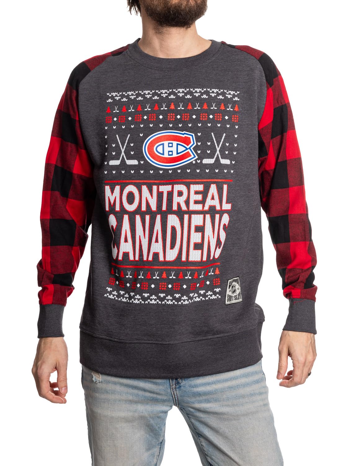 Calhoun NHL Surf & Skate Men's Ugly Christmas Team Logo Buffalo Plaid Raglan Sleeve Lightweight French Terry Sweater (Montreal Canadiens, Medium)