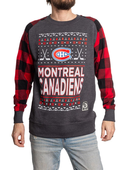 Calhoun NHL Surf & Skate Men's Ugly Christmas Team Logo Buffalo Plaid Raglan Sleeve Lightweight French Terry Sweater (Montreal Canadiens, Medium)