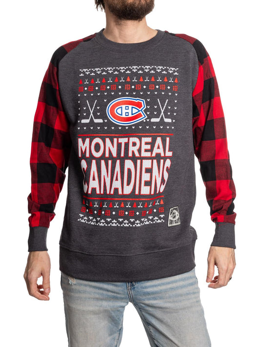 Calhoun NHL Surf & Skate Men's Ugly Christmas Team Logo Buffalo Plaid Raglan Sleeve Lightweight French Terry Sweater (Montreal Canadiens, Medium)