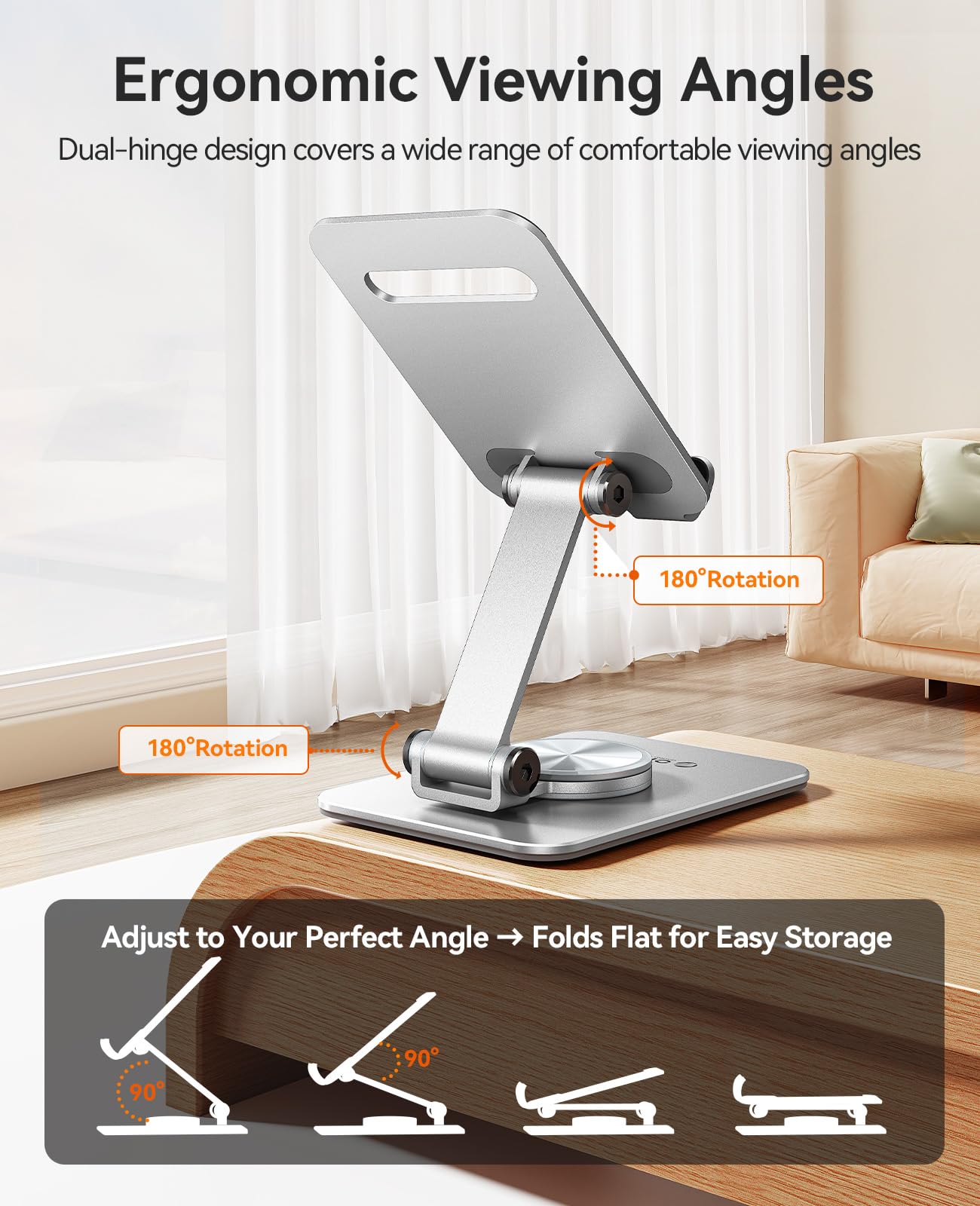 ORICO Aluminum Phone Stand for Desk, Adjustable Metal Phone Holder with Stable Support and Smooth 360° Rotation for Smartphones up to 6.9 Inches – Silver (PS2)