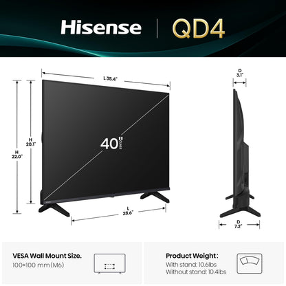 Hisense 40QD4SF - 40" Hi-QLED HD Smart Fire TV, Hi-QLED Color, Dolby Audio, Compatible with Alexa, Full Array LED, Slim Bezel Design (2026 Model)