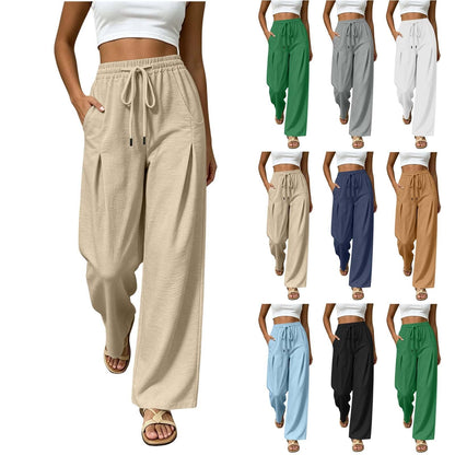 Linen Pants for Women Summer Straight Wide Leg Casual Palazzo Trousers Drawstring Comfy Casual Flowy Beach Outfits Beige