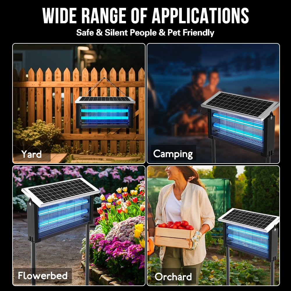 Bug Zapper Outdoor Solar, 4000V Electric Fly Mosquito Trap with LED Lamp, Waterproof & Portable Insect Control for Patio, Yard, Camping, Home, Garden