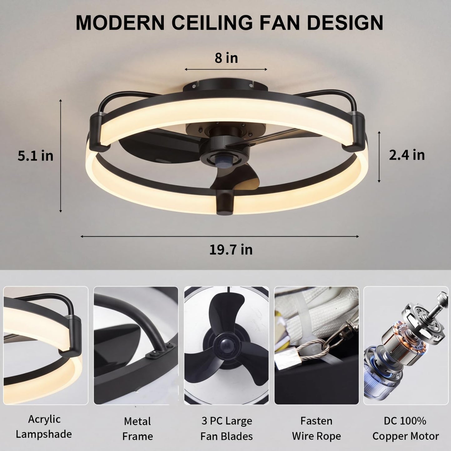 Teilybao Ceiling Fans with Lights for Bedroom Kitchen Room Ceilings, LED Dimmable Bladeless Flush Mount Low Profile Ceiling Fan Light with Remote, 6 Wind Speeds, Timer Setting, 3000-6000K - Black 20''