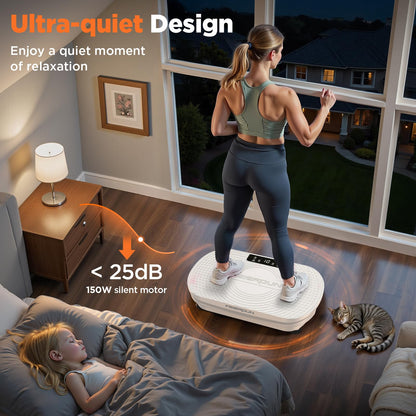 FEIERDUN Vibration Plate Exercise Machine, Full Body Vibrating Plate with Wider Platform, 150kg (330lbs) Capacity, Plaque Vibrante with LED Screen, Remote & Resistance Bands,White