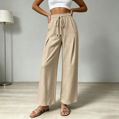 Linen Pants for Women Summer Straight Wide Leg Casual Palazzo Trousers Drawstring Comfy Casual Flowy Beach Outfits Beige