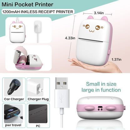 Mini Printer Portable, Inkless Sticker printer with 8 Rolls Paper, Bluetooth Wireless mini thermal printer Compatible with iOS + Android for Journal, Memo, Photo, Print Pod Gifts for Girls Kids (Pink)