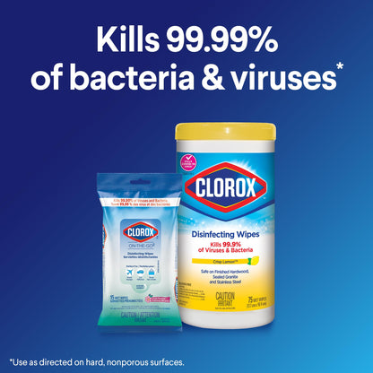 Clorox On-The-Go Disinfecting Wipes, Fresh Meadow, 15 Count, Multi-Pack of 12 Sachets