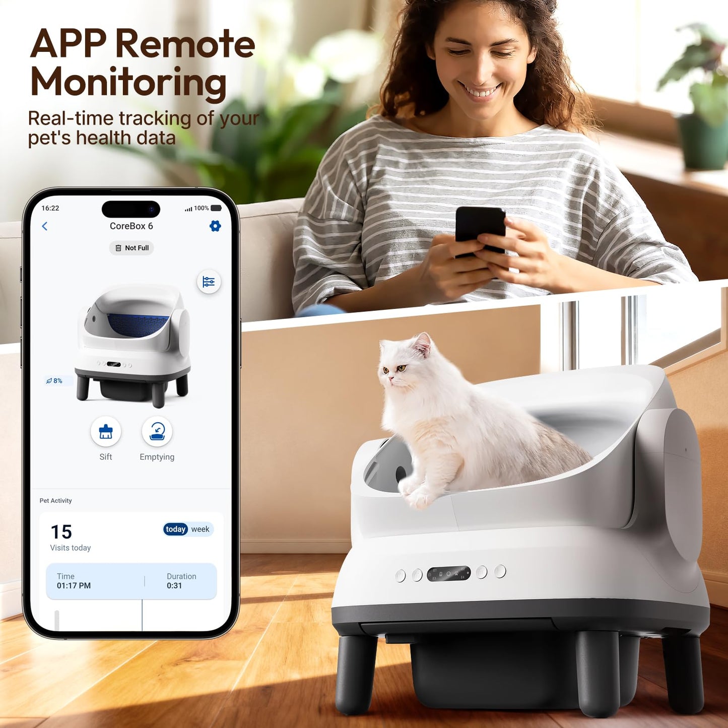 Happypaw Open-Top Self Cleaning Litter Box - Large Capacity Automatic Litter Box for Multiple Cats with Safety Protection, App Control, Odor-Free, Anti-Leakage Material, Includes Trash Bags