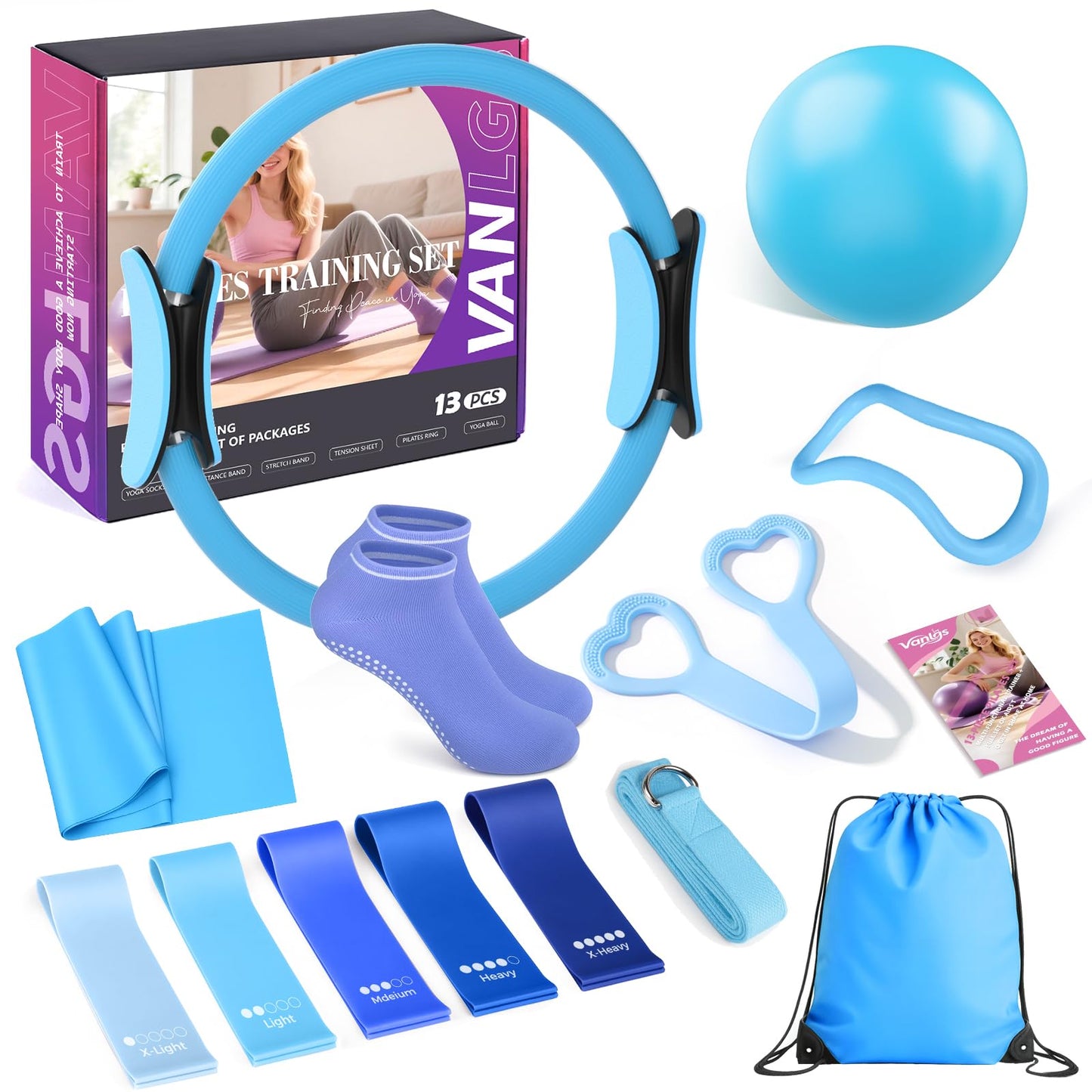 Vanlgs Pilates Kit 13Pcs Home Pilates Essentials Workout Kit with 13" Ring, 10" Ball and Resistance Bands for Women at Home Pilates Equipment Set for Beginners（Blue and White）