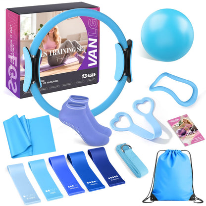 Vanlgs Pilates Kit 13Pcs Home Pilates Essentials Workout Kit with 13" Ring, 10" Ball and Resistance Bands for Women at Home Pilates Equipment Set for Beginners（Blue and White）