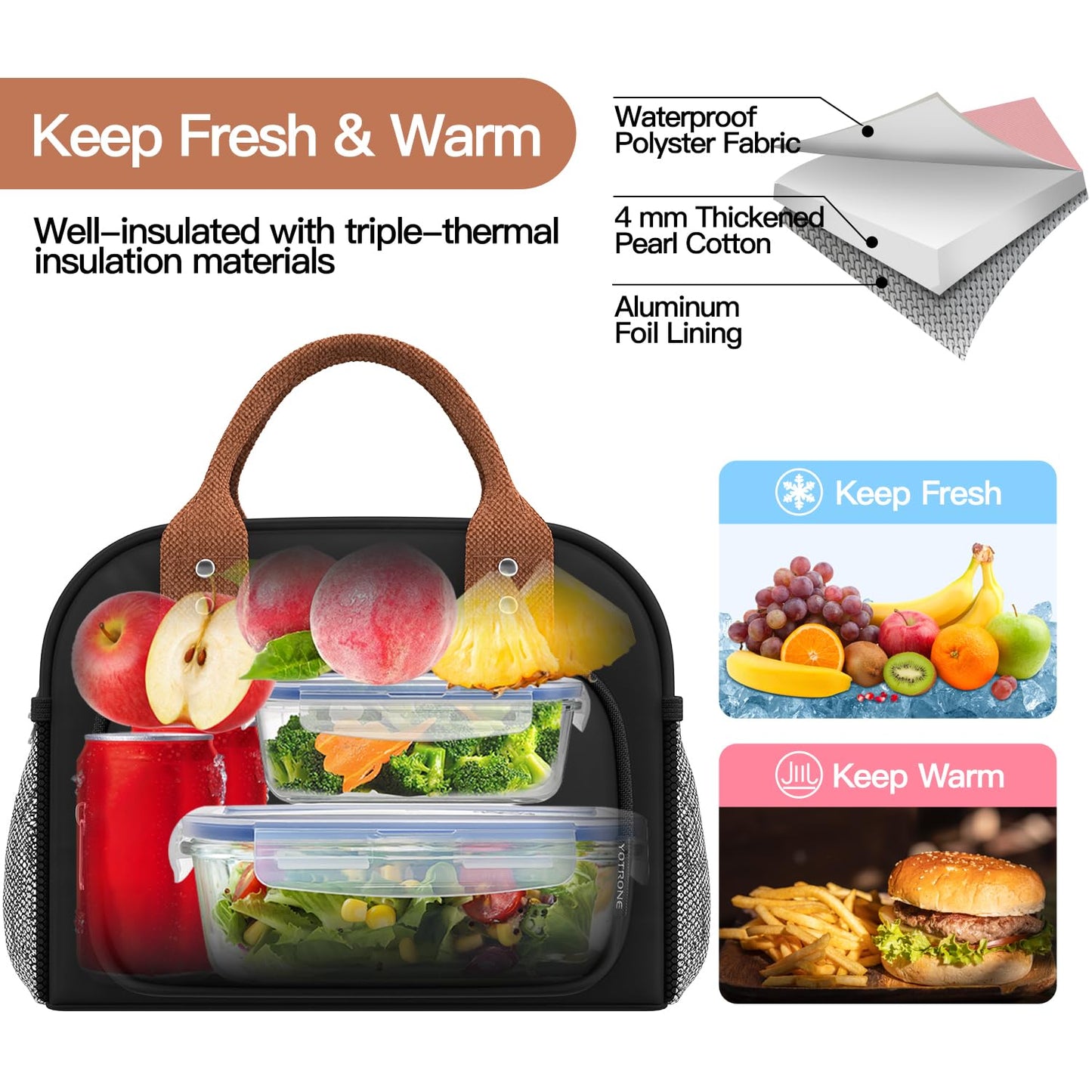 Yotrone Lunch Bag Women, Insulated Lunch Box Lunch Bag for Women Men Adult Work, Cute Lunch Tote Bag Large Capacity Reusable Cooler Containers for Travel Picnic or Office (Black)