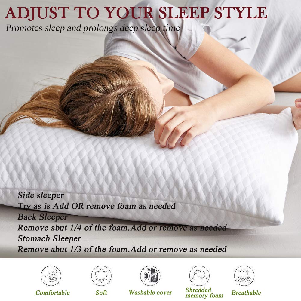 NTCOCO Shredded Memory Foam Bed Pillows for Sleeping King Size Set of 2, with Washable Removable Hypoallergenic Sleep Pillow for Back and Side Sleeper