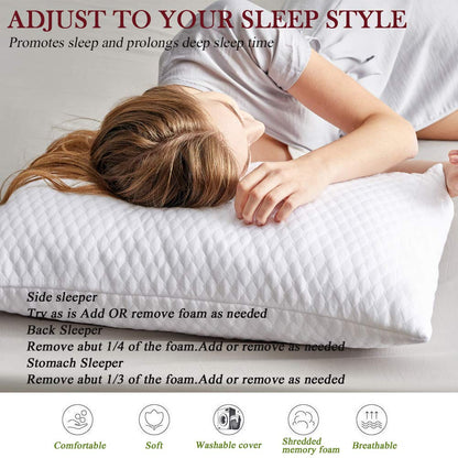 NTCOCO Shredded Memory Foam Bed Pillows for Sleeping King Size Set of 2, with Washable Removable Hypoallergenic Sleep Pillow for Back and Side Sleeper