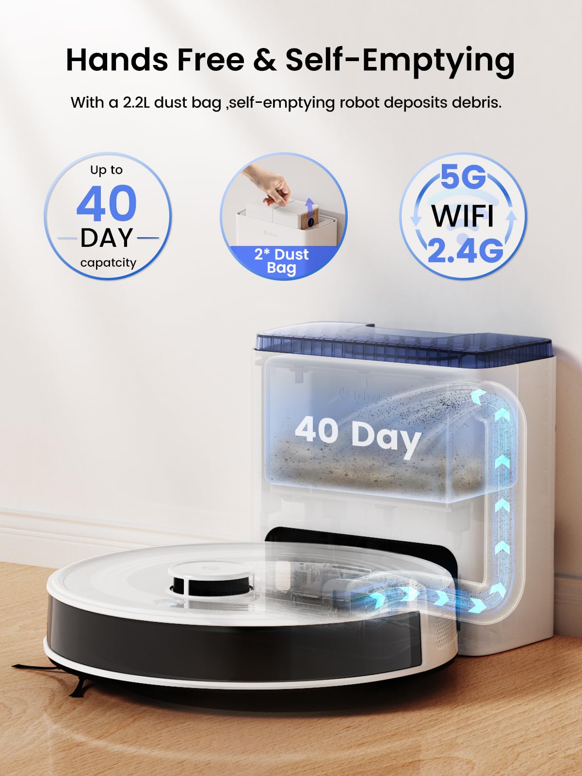 Lefant Robot Vacuum and Mop,Self-Emptying, 40-Day Capacity, Multi-Floor Mapping, 2.4 & 5G Wi-Fi,Schedule Daily Cleaning,Perfect for Hard Floors, Carpets and Pet Hair,Support APP/Alexa/iWatch,M2L Plus