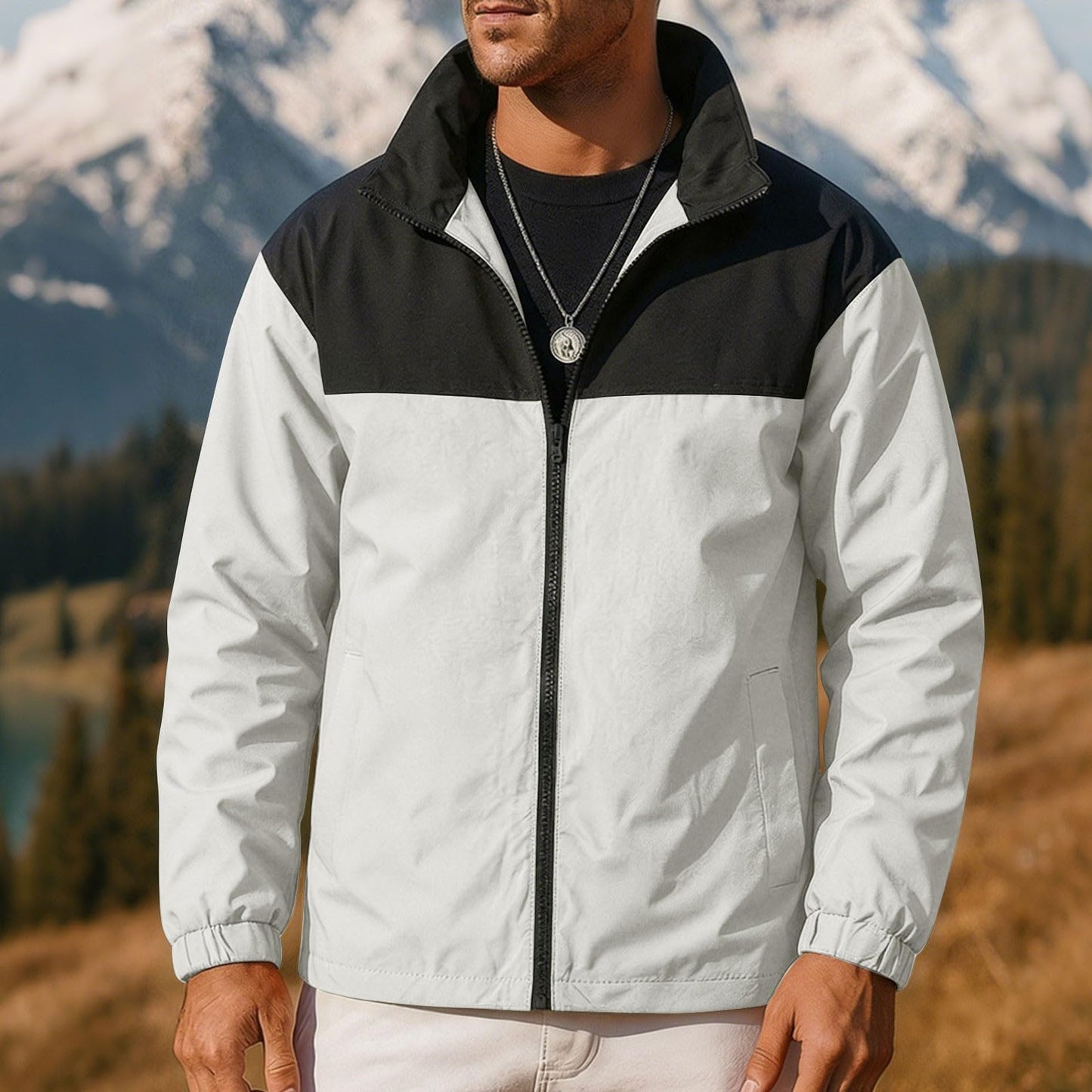 Rain Jacket Men Lightweight Waterproof Windbreaker Full Zipper Raincoats for Outdoor Travel Cycling Running Hiking White Medium