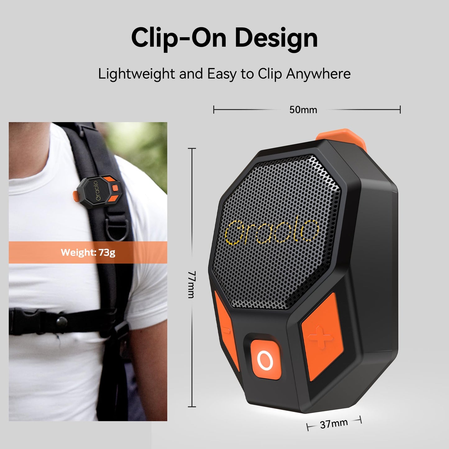 Oraolo Clip On Wearable Speaker Portable Speaker for Hands-Free Calls, Mini Wireless Speaker with Bluetooth 5.4, Built-in Mic, Stereo Sound, IPX6 Waterproof, 12H Playtime, Orange