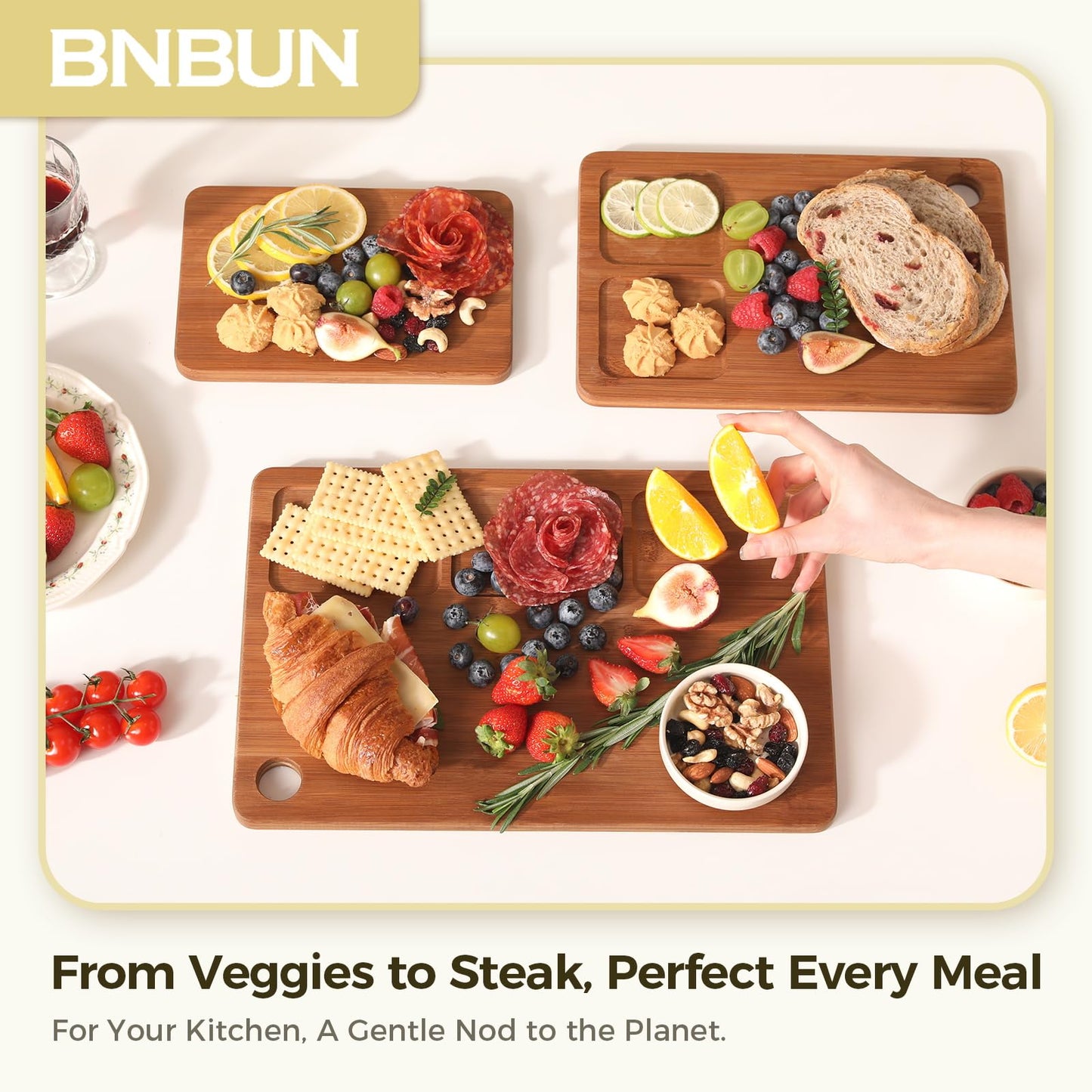 BNBUN Bamboo Cutting Board for Kitchen, Wooden Cutting Board 3-Piece Set with Non-Slip Mat Deep Juice Groove and Built-in Handles, Wood Cutting Board for Meat Vegetables Fruit Ideal Gift for the Home