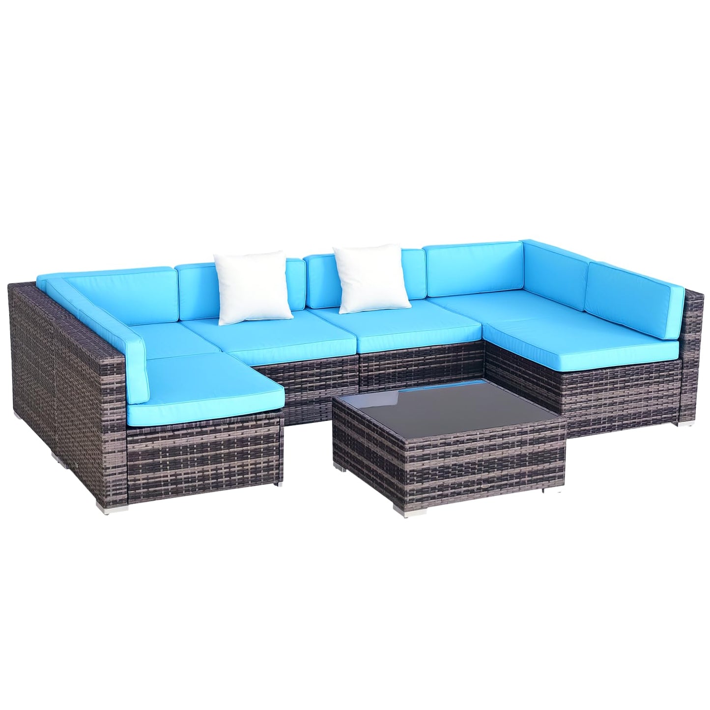 Outsunny 7 Piece Patio Furniture Set, PE Rattan Outdoor Conversation Set with Sectional Sofa, Glass Tabletop, Cushions and Pillows for Garden, Lawn, Deck, Mixed Grey and Sky Blue
