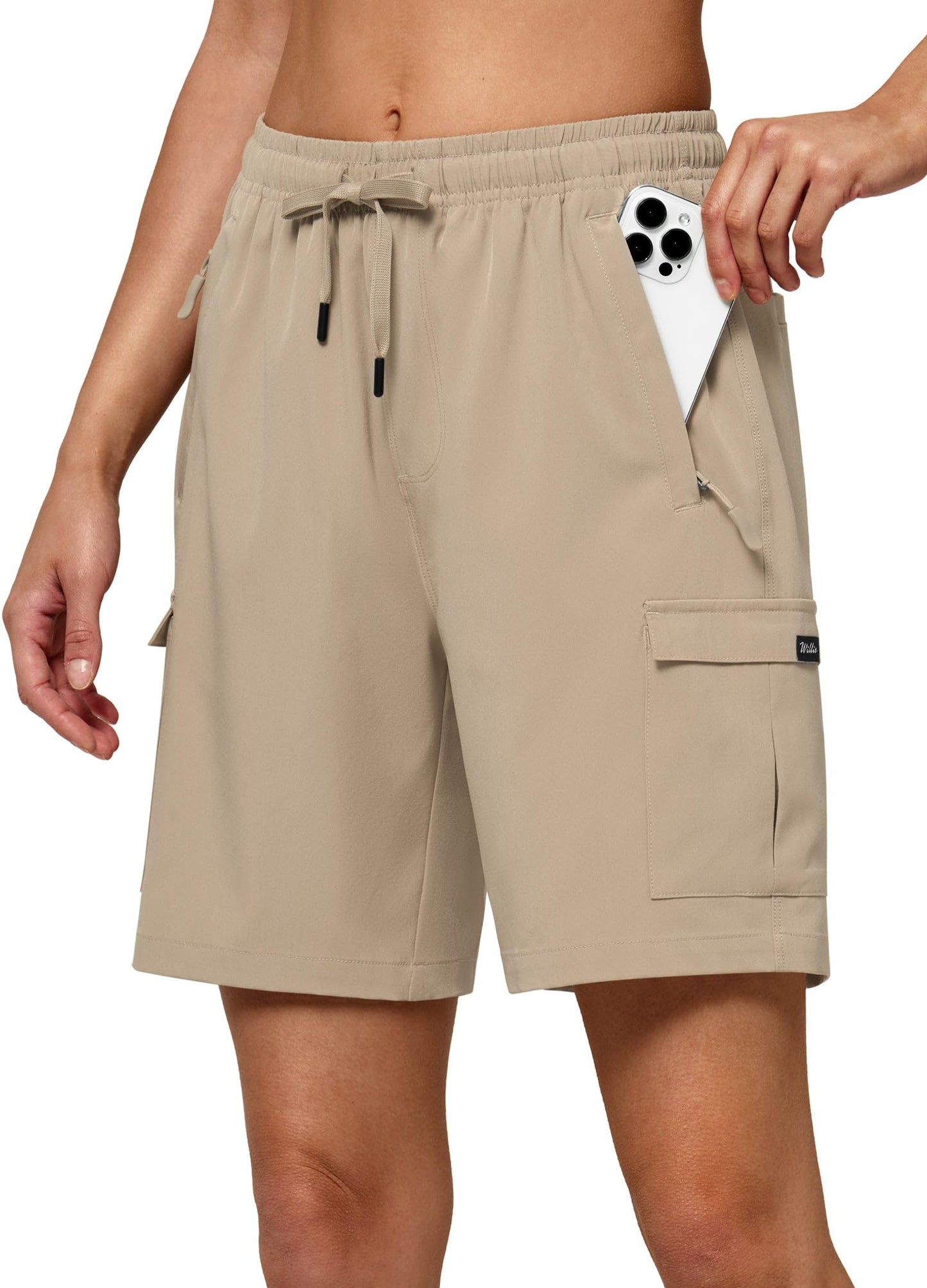 Willit Women's 7'' Hiking Cargo Athletic Shorts with Zipper Pockets Quick Dry for Camping, Golf, Travel Water Resistant Khaki M